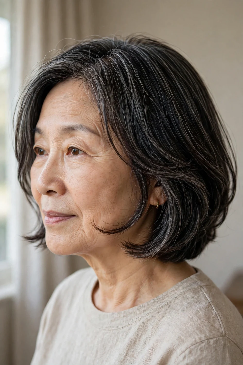 65-year-old Asian woman with salt-and-pepper chin-length hair and face-framing layers