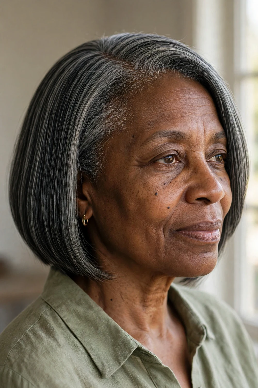Black woman with subtle chin-length asymmetrical bob, barely a one-inch difference between sides
