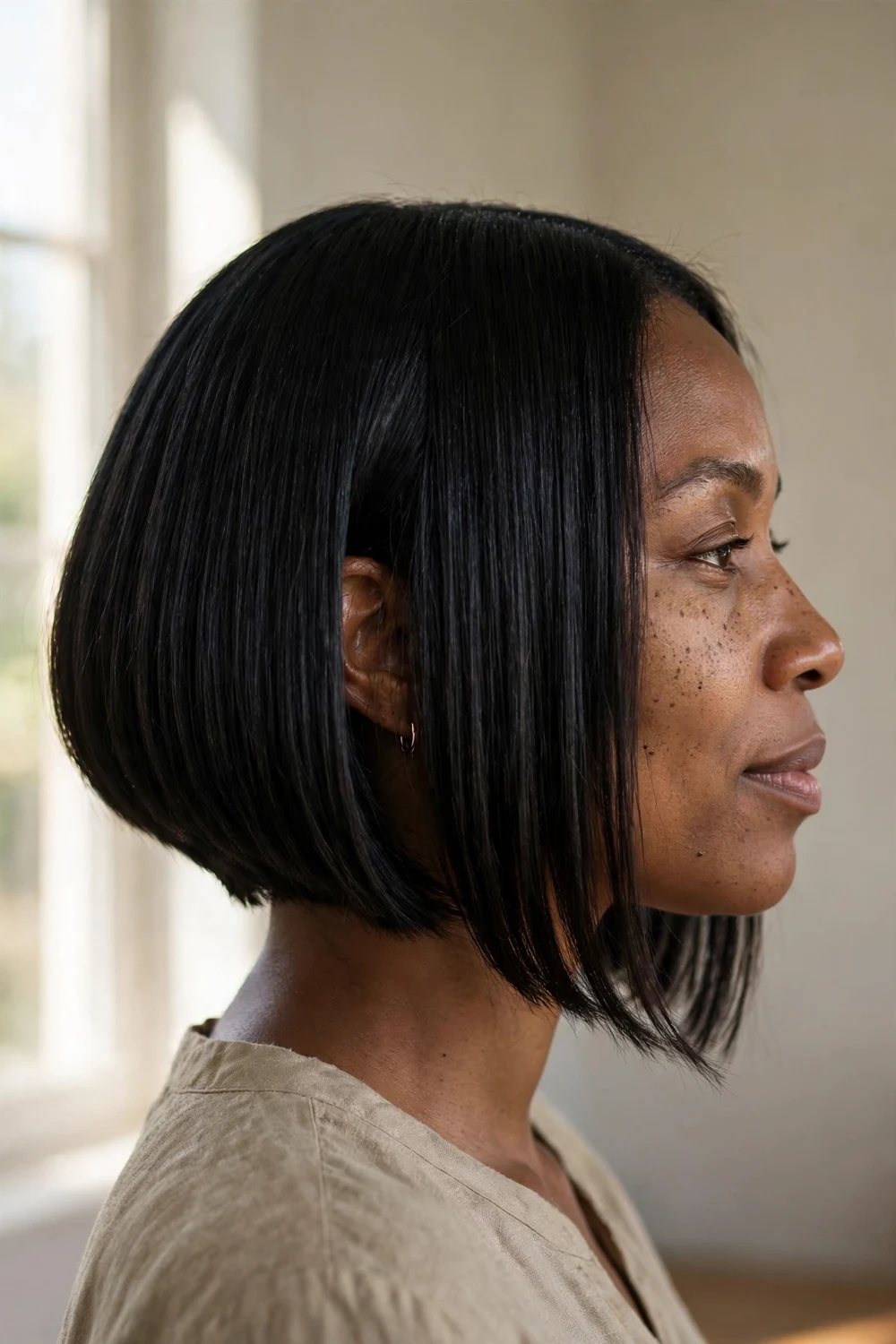 Black woman with A-line chin-length bob, angled longer at the front