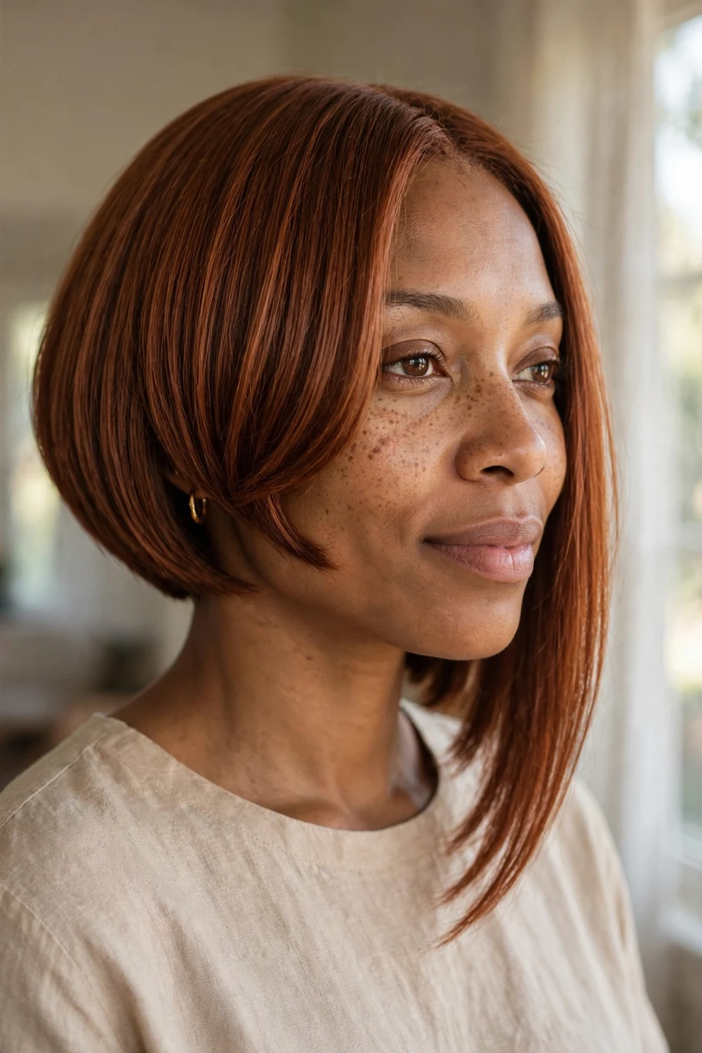 Black woman with asymmetrical chin-length bob, one side longer