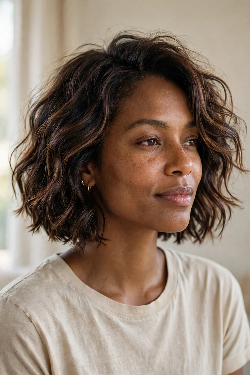 Black woman with beach-wave chin-length bob, loose tousled waves
