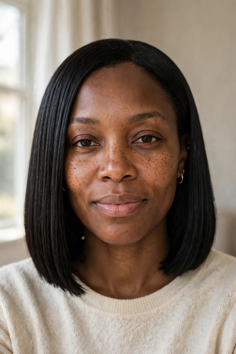 Black woman with sleek blunt chin-length bob, ends cut in one line at the jaw