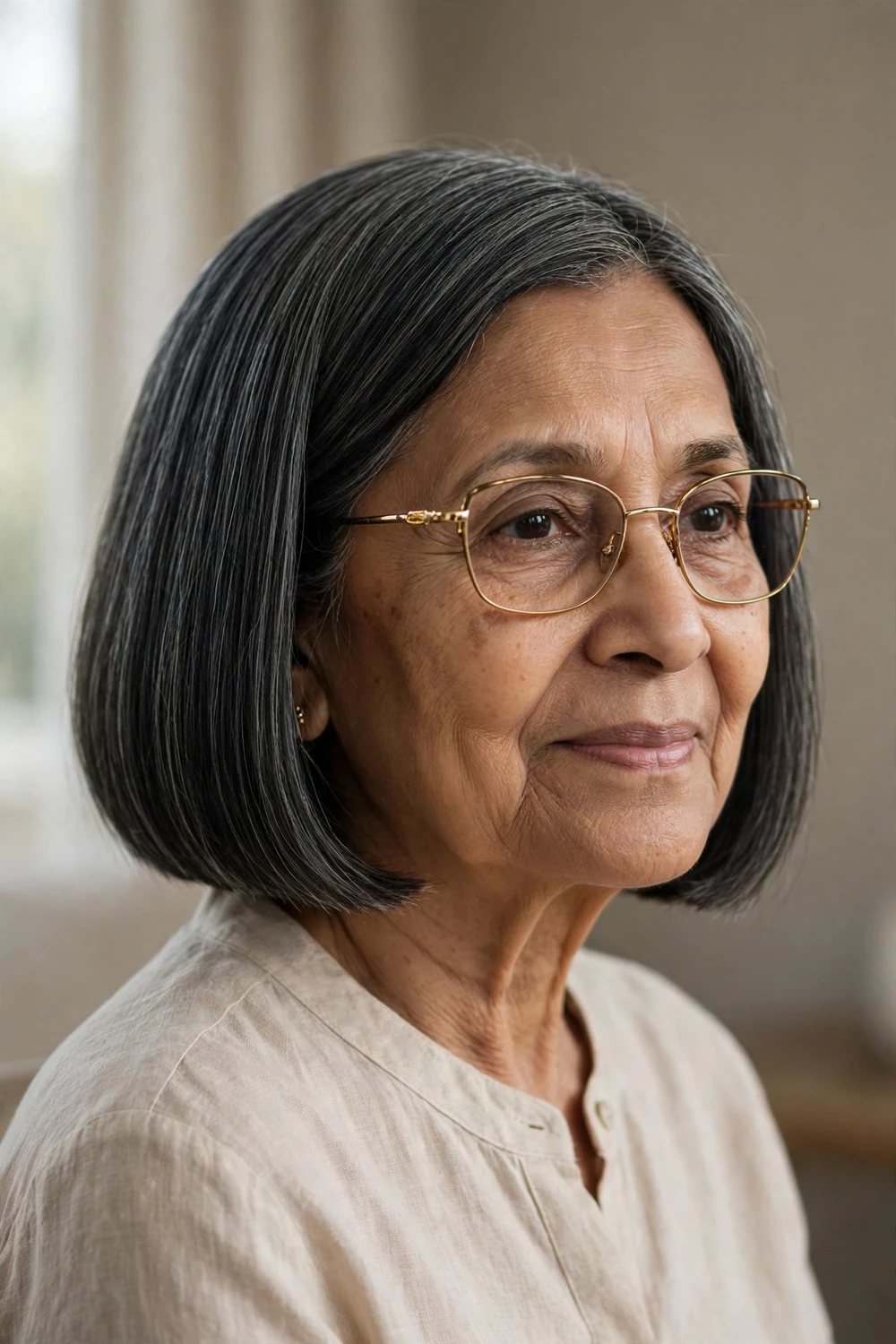 Chin-length blunt bob on a woman over 60 wearing glasses