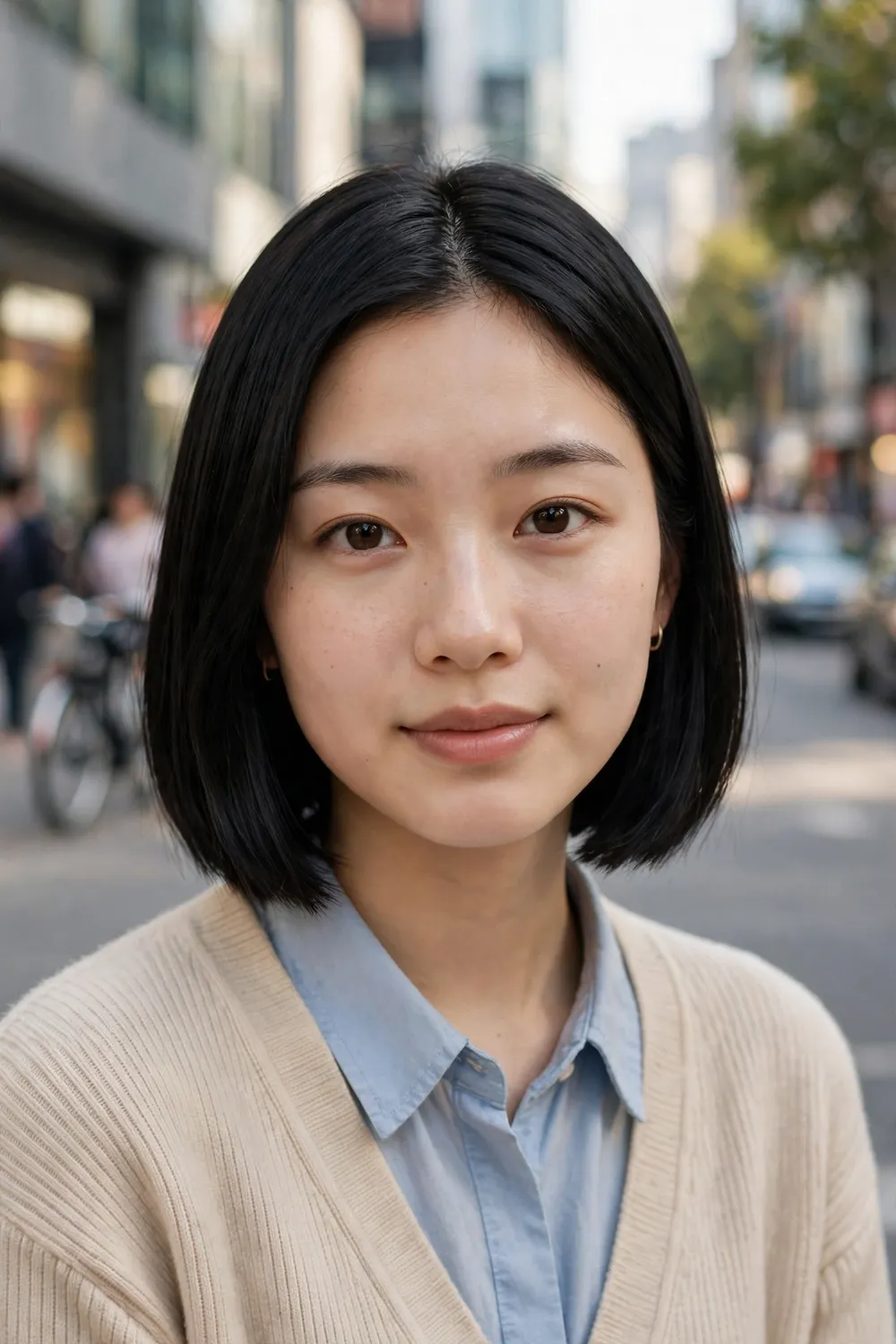 Woman with an oval face wearing a chin-length blunt bob