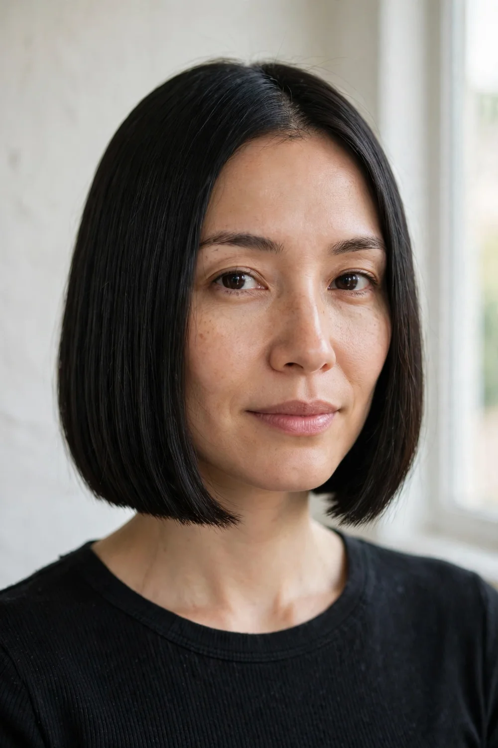 Woman with a chin-length blunt bob that makes thin hair look thicker