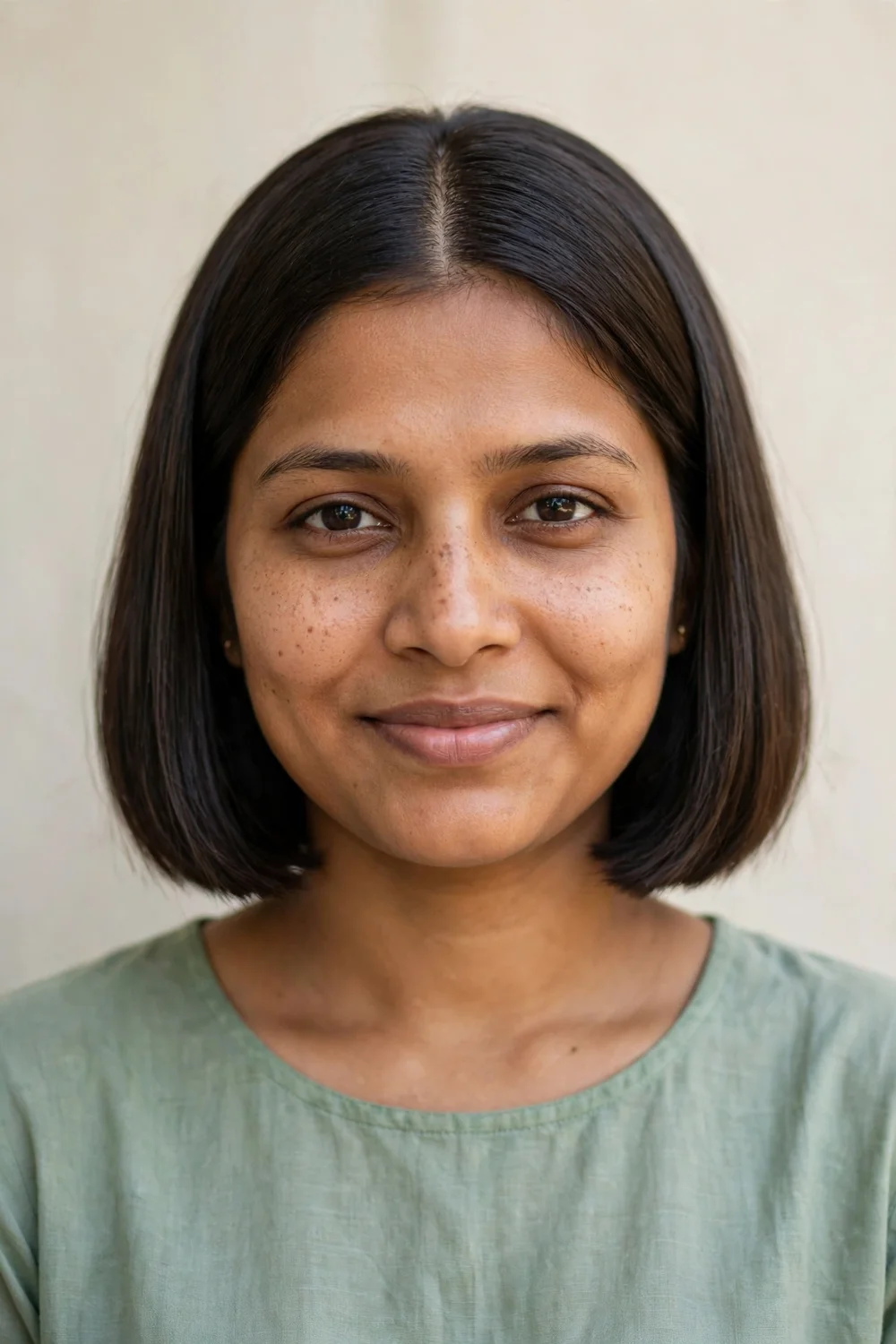 Woman with a chin-length blunt bob, center part