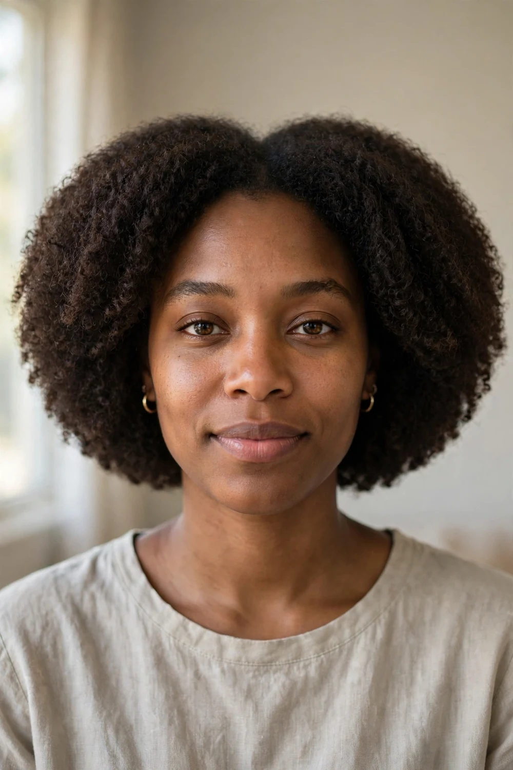 Afro bob hairstyle with rounded full shape at chin length