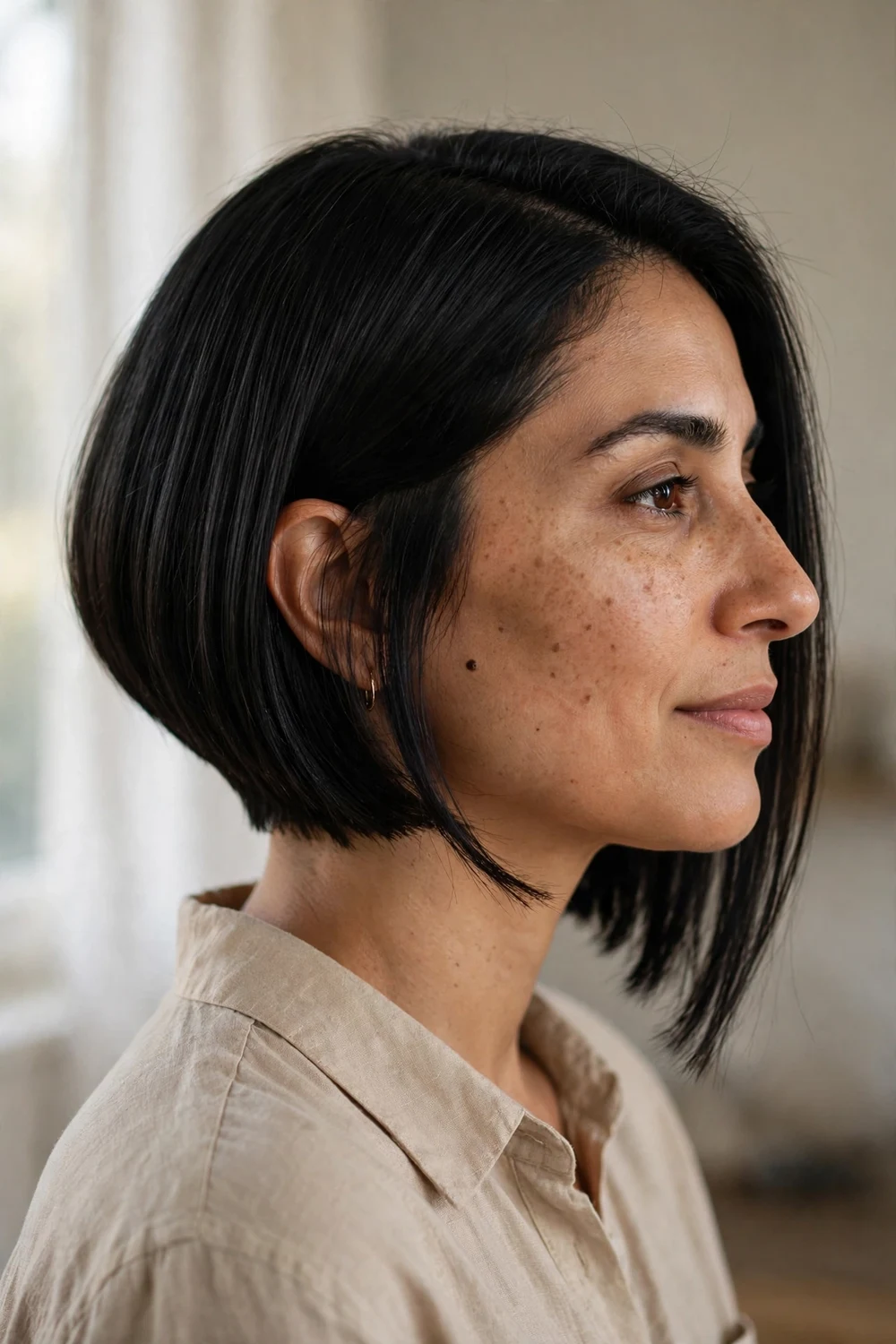 Angled A-line bob haircut shorter in back and longer in front at chin length