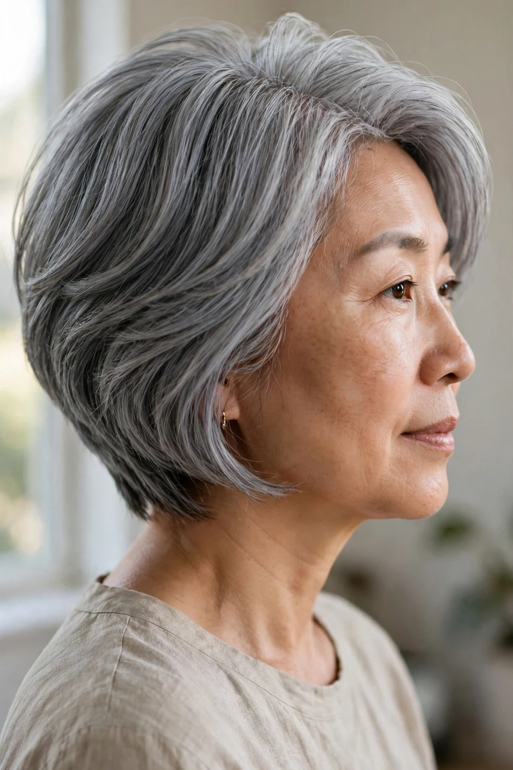 Ash gray stacked bob hairstyle with cool metallic tones at chin length