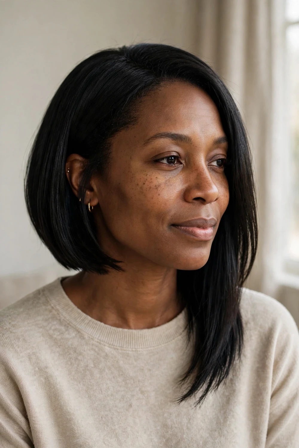 Asymmetrical bob haircut with one side longer than the other at chin length
