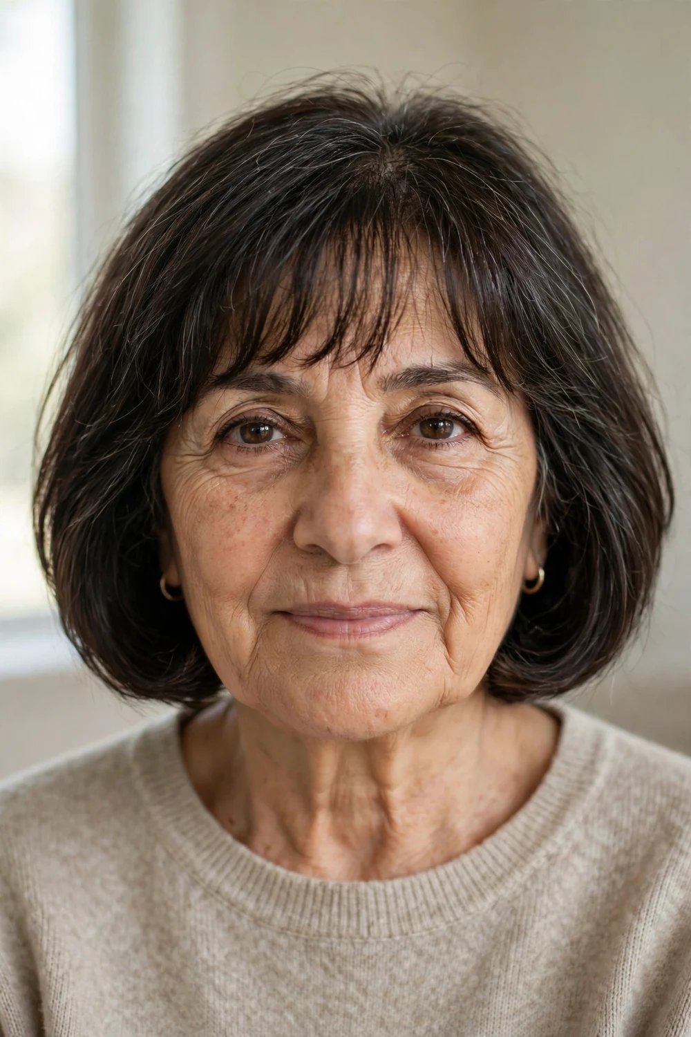 Woman over 60 with chin-length bob and soft wispy bangs