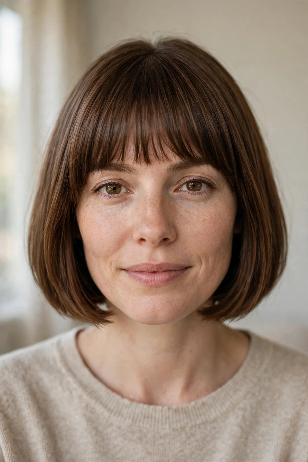 Chin-length bob hairstyle with full straight-across bangs