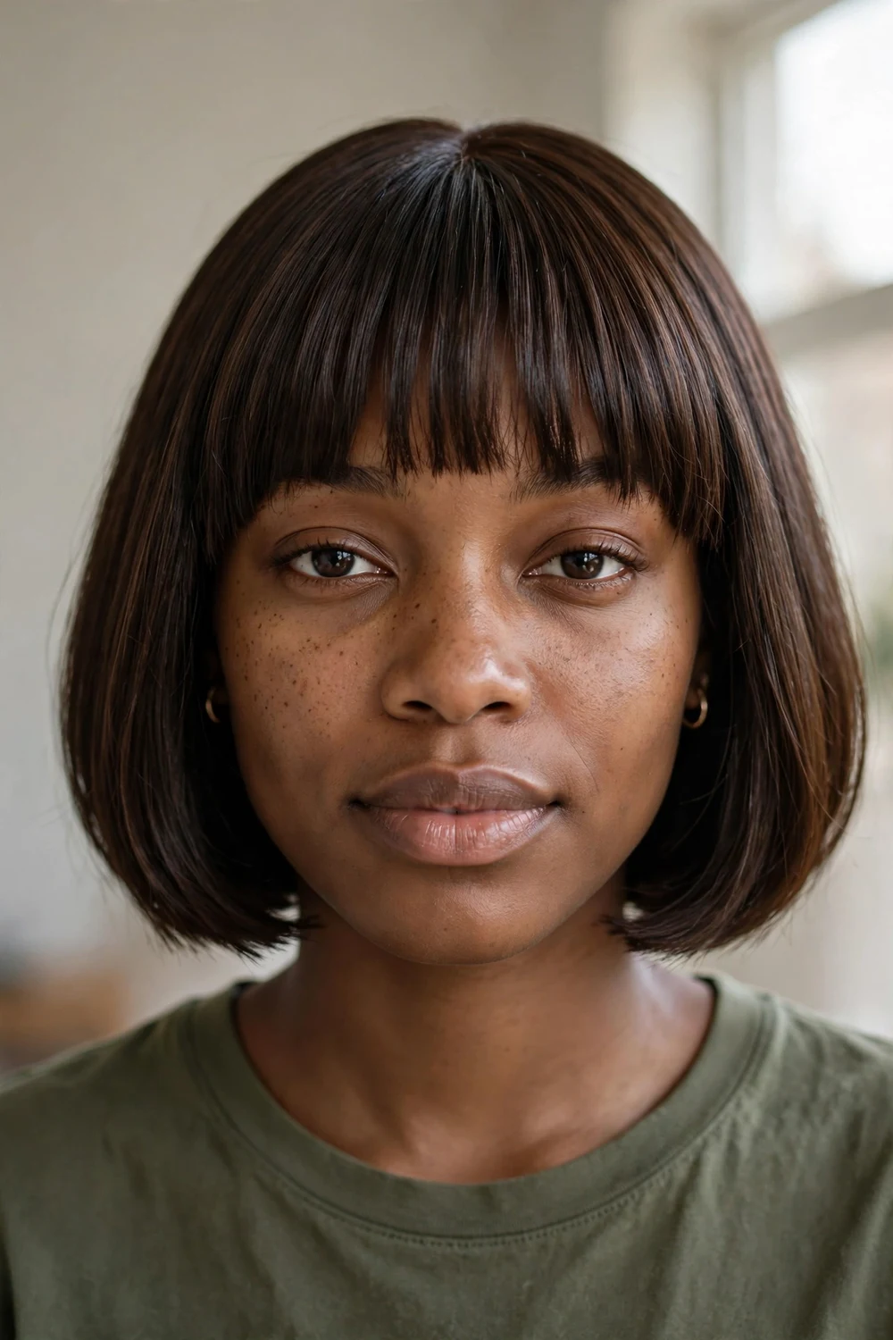 Black woman with chin-length bob and straight blunt bangs