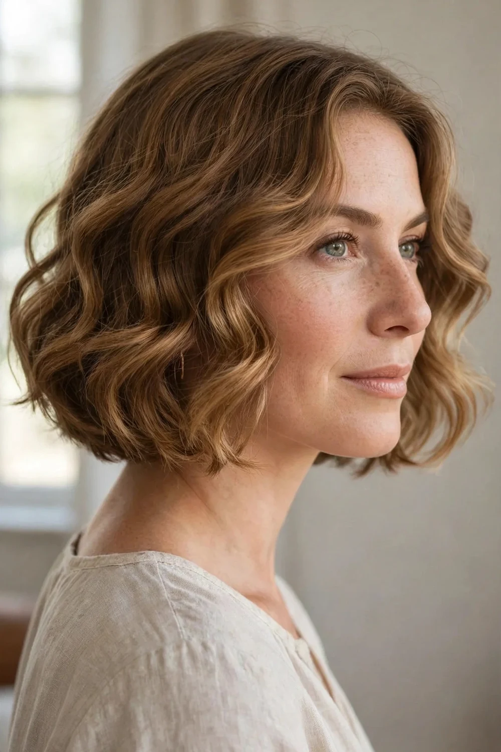 Botticelli bob hairstyle with soft flowing Renaissance-inspired waves at chin length
