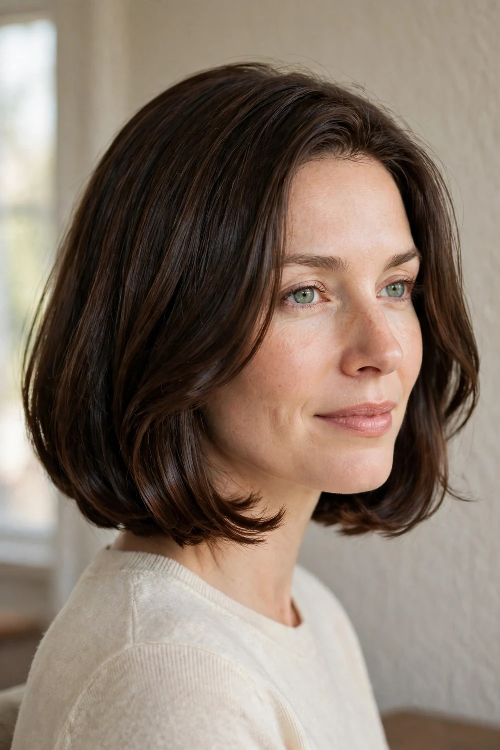 Rich brunette bob hairstyle with high shine at chin length