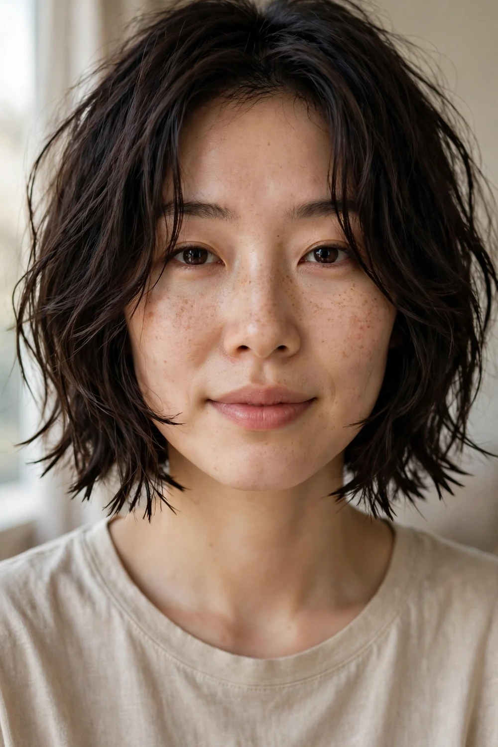 Choppy bob hairstyle with jagged textured ends at chin length