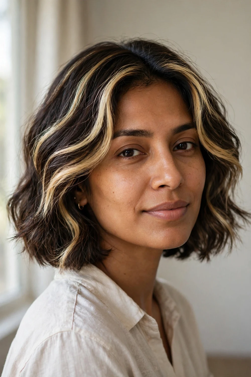 Chin-length wavy bob with chunky blonde highlights on dark brown hair, front three-quarter view