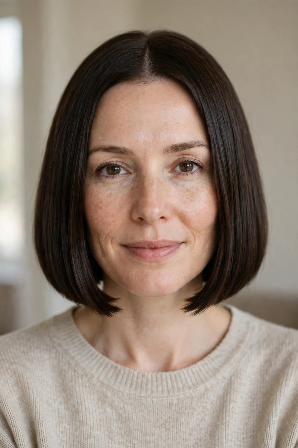 Classic blunt chin-length bob haircut with an even one-length perimeter on dark brown hair