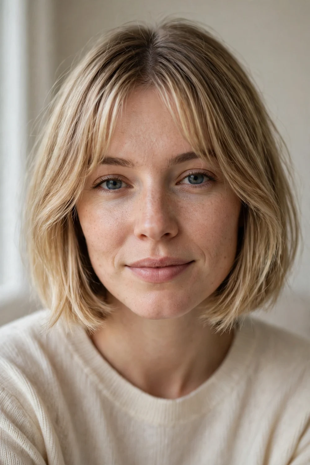 Chin-length bob hairstyle with wispy middle-parted curtain fringe
