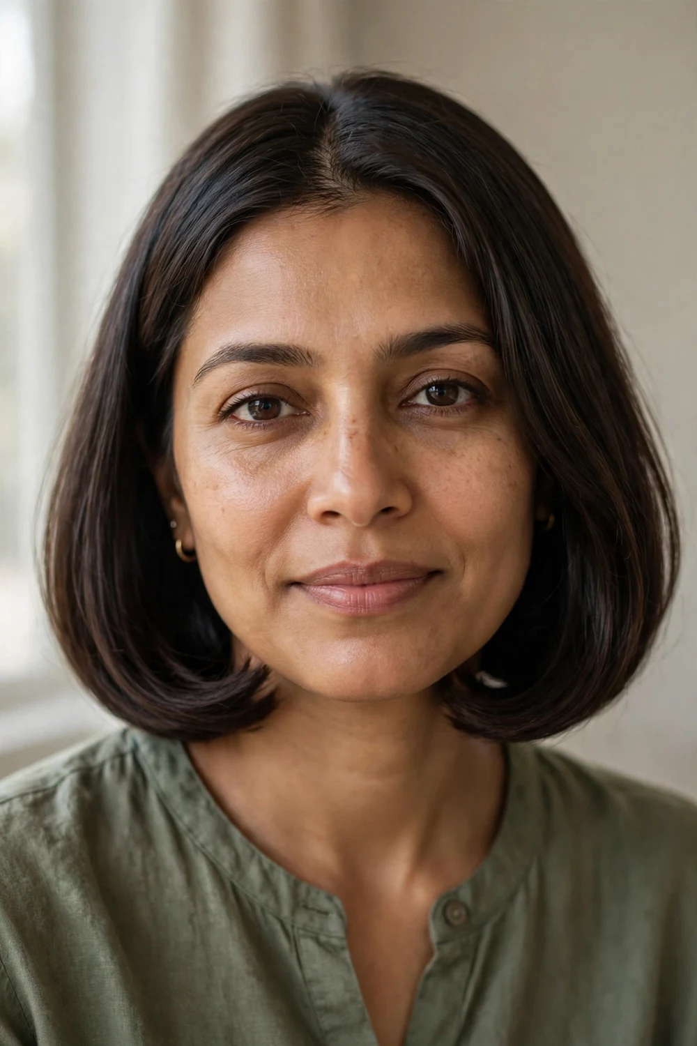 Curved bob hairstyle with ends tucked under the jawline at chin length