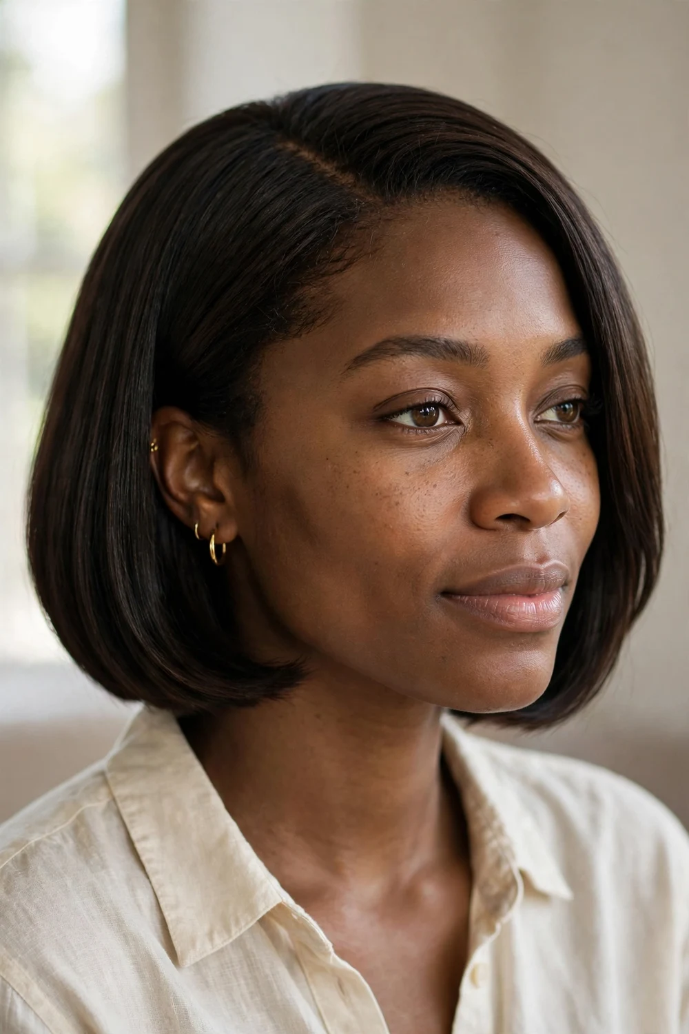 Black woman with classic chin-length bob and deep side part, dark brown hair