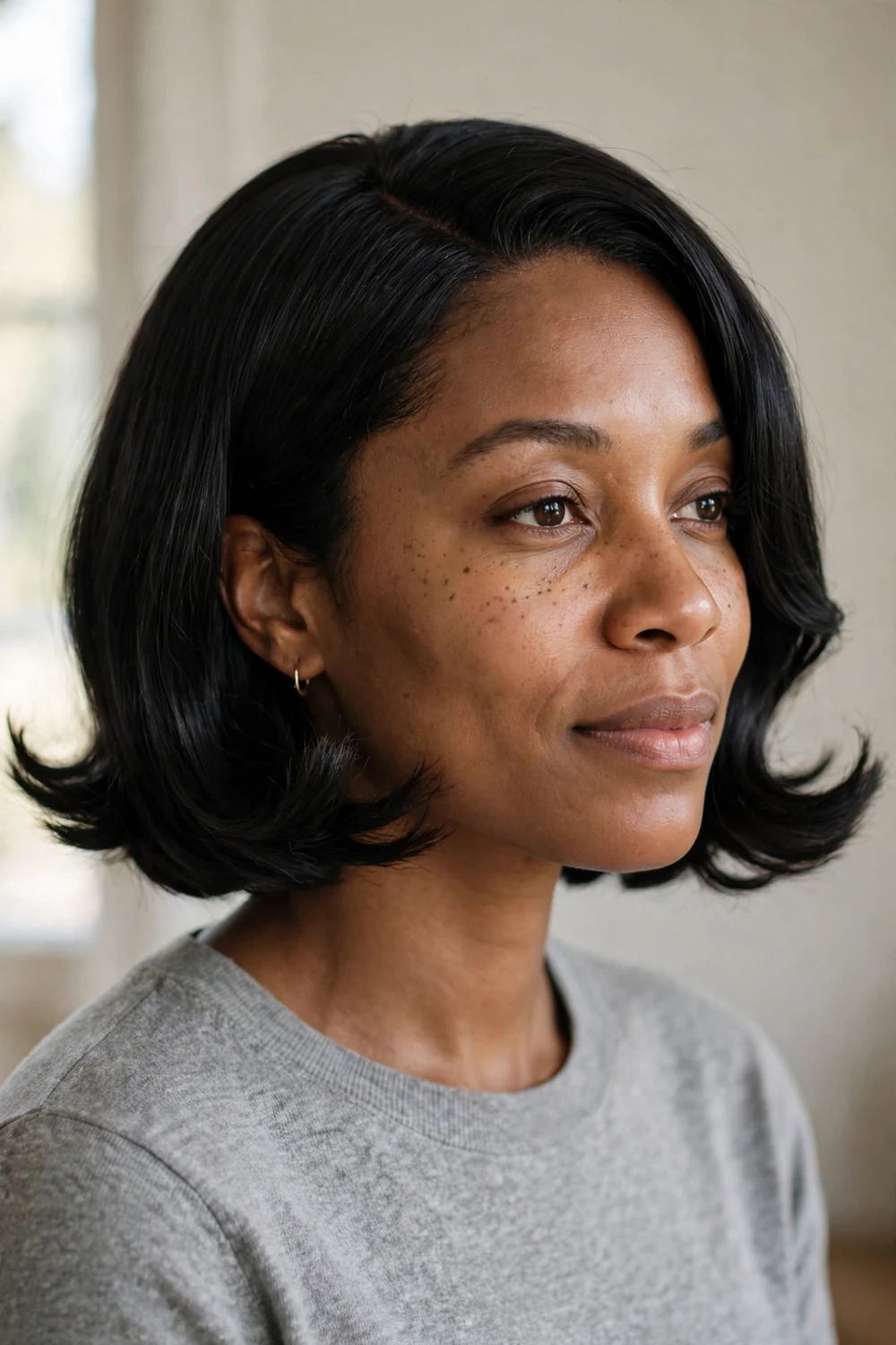 Black woman with chin-length bob, ends flipped outward