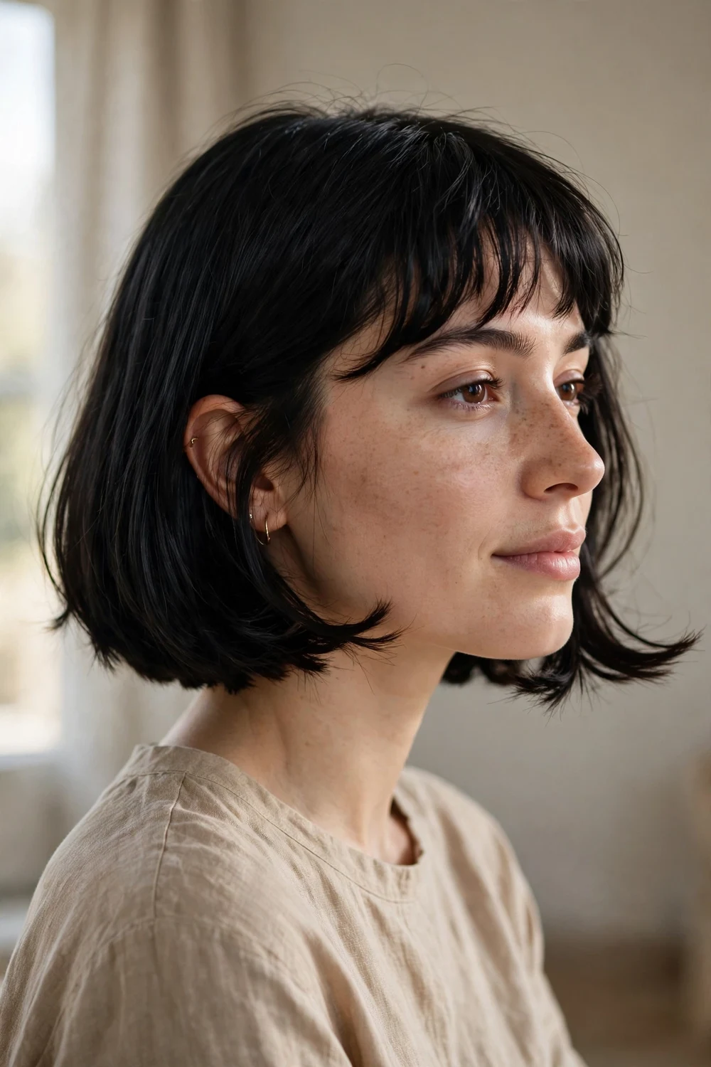French bob hairstyle with wispy bangs and flipped-out ends at chin length
