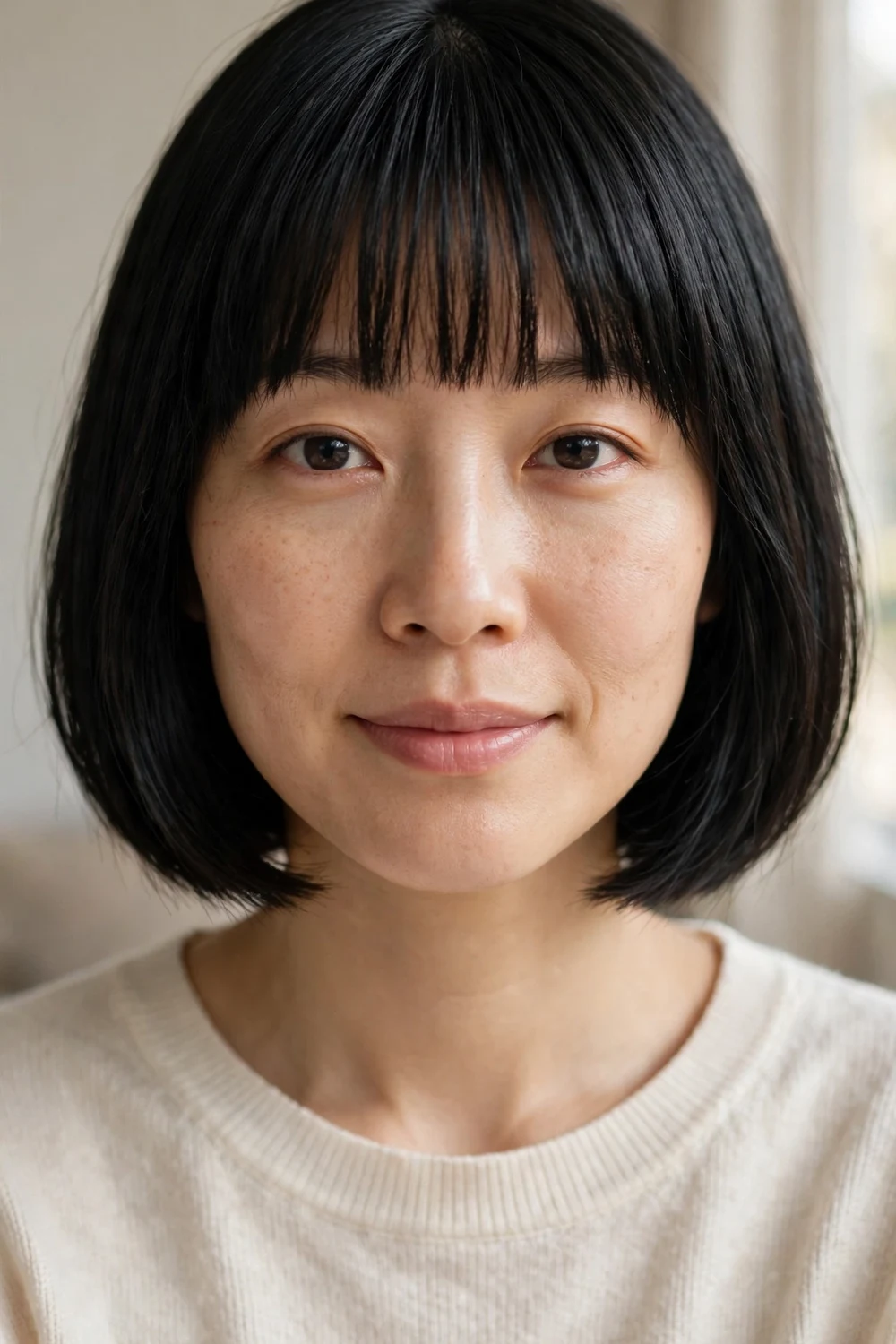 Chin-length bob with full bangs on thin hair