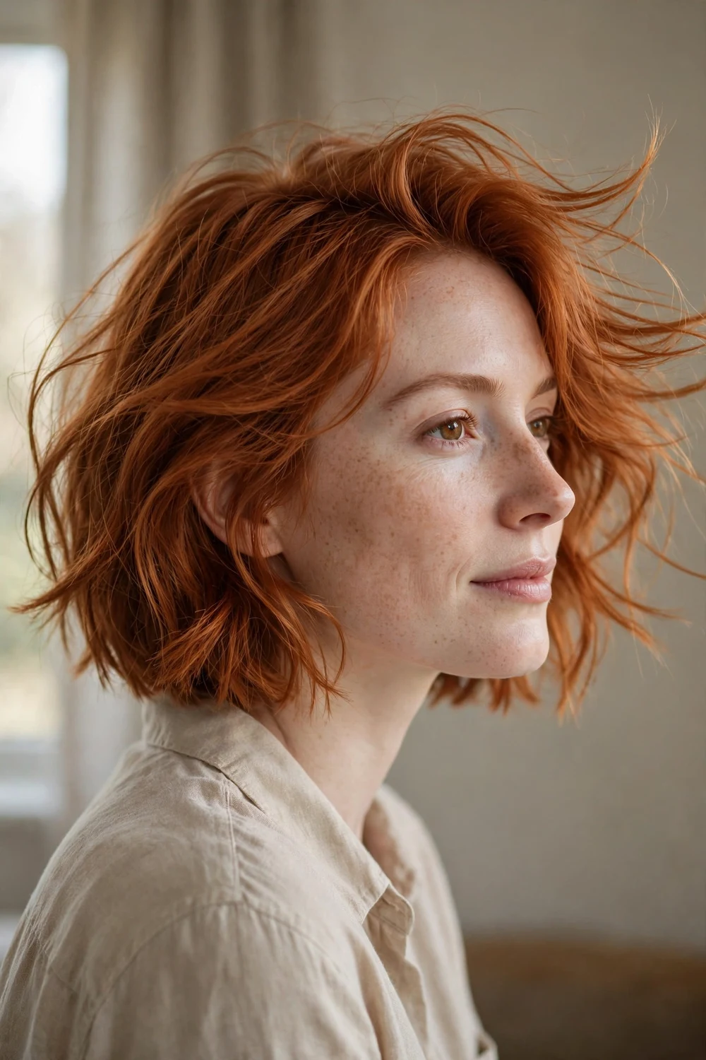 Ginger copper-red tousled bob hairstyle at chin length