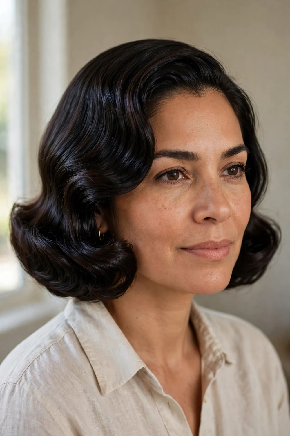 Old Hollywood glam bob hairstyle with polished sculpted waves at chin length