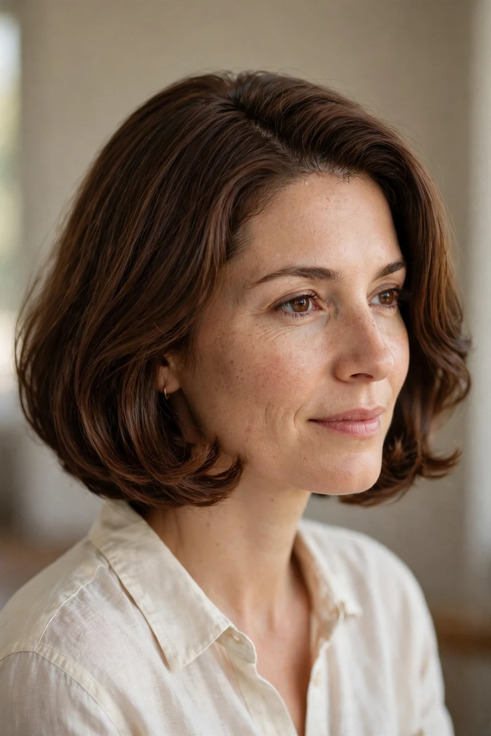 Italian bob haircut with bouncy volume and inward-curving ends at chin length