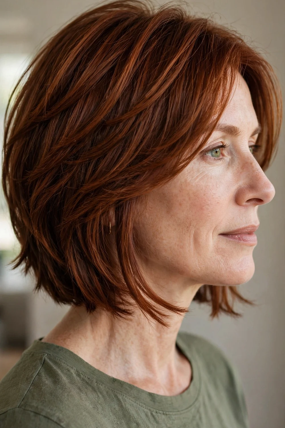 Layered bob haircut with stacked layers and swingy ends at chin length