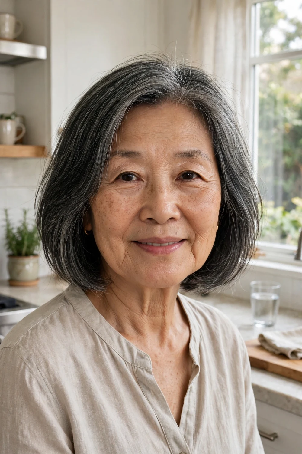 East Asian woman in her late 60s with a chin-length gray-black bob with light movement in a bright kitchen