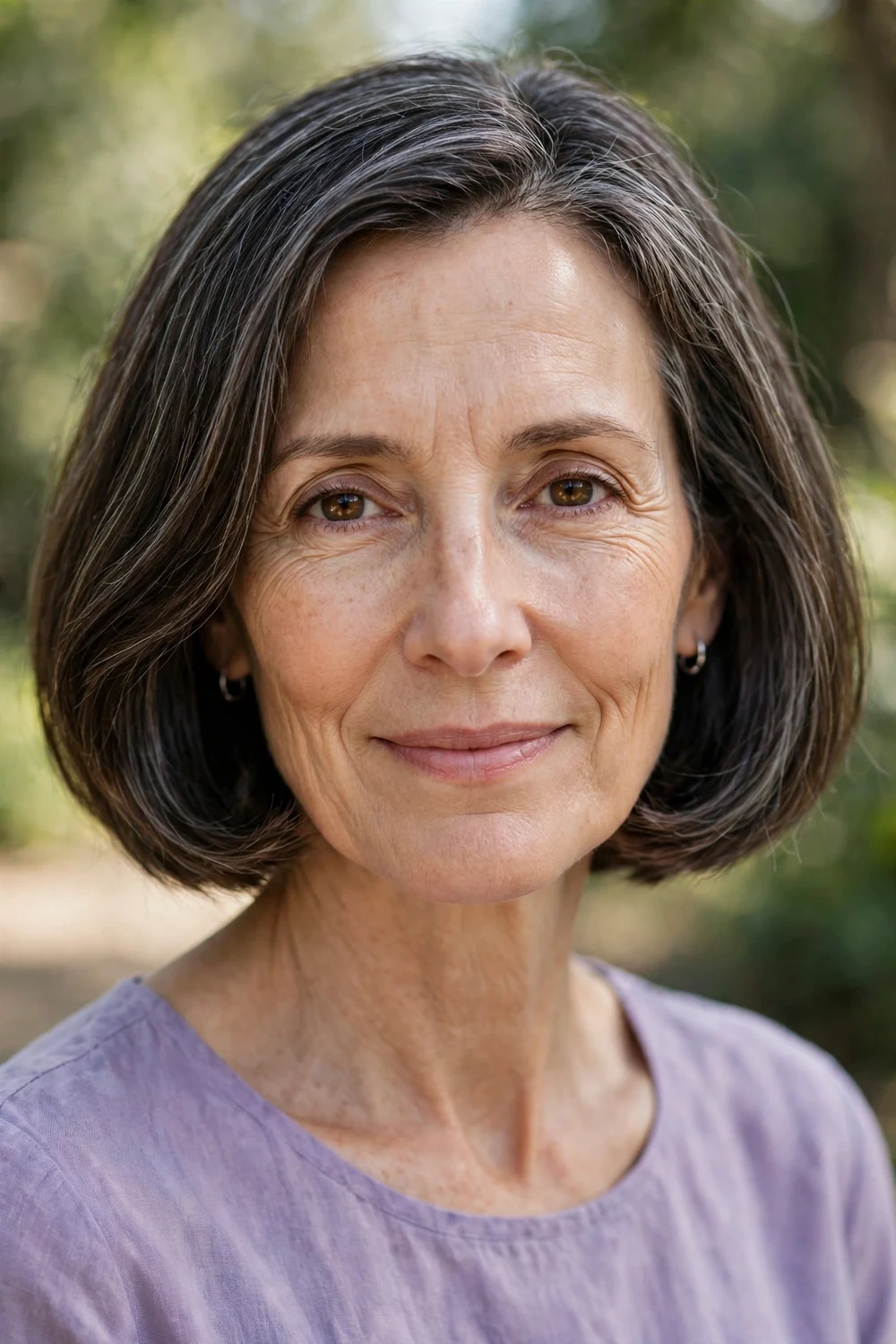 Woman with a long oval face wearing a classic chin-length bob with ends grazing the jawline