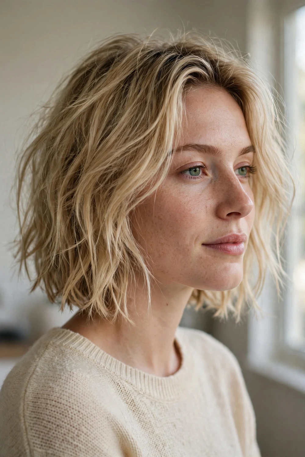 Messy tousled bob hairstyle with an undone carefree finish at chin length