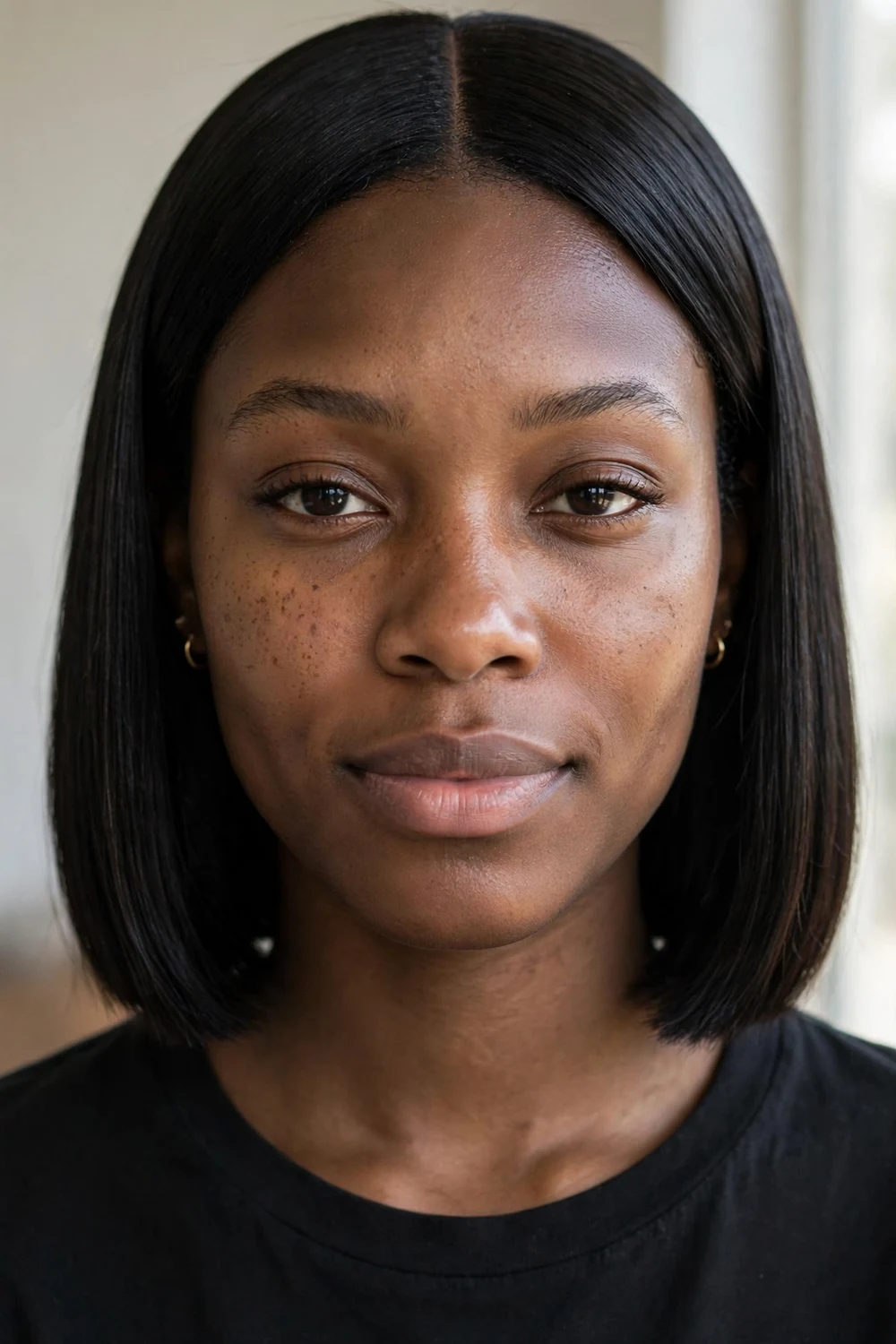 Black woman with blunt chin-length bob and crisp middle part