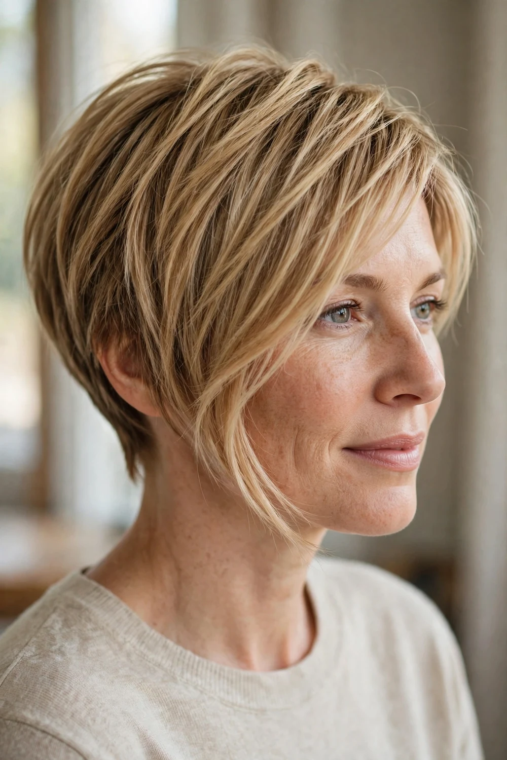Pixie bob haircut with tapered sides and longer textured top at chin length
