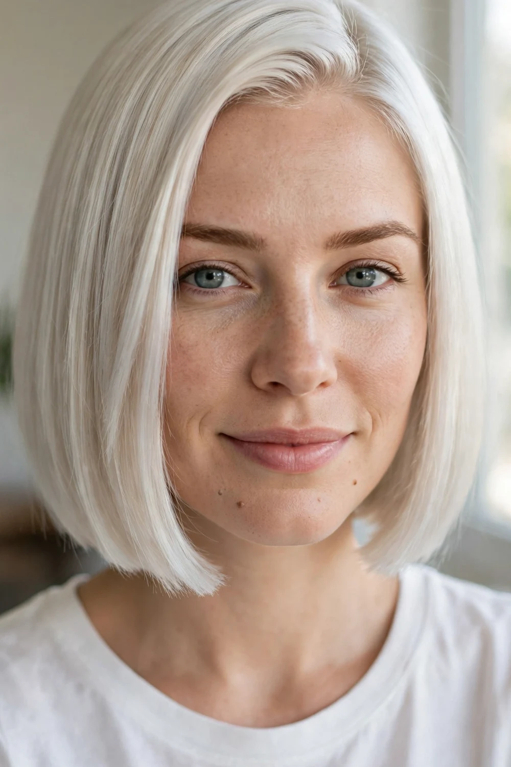 Platinum blonde blunt bob hairstyle at chin length