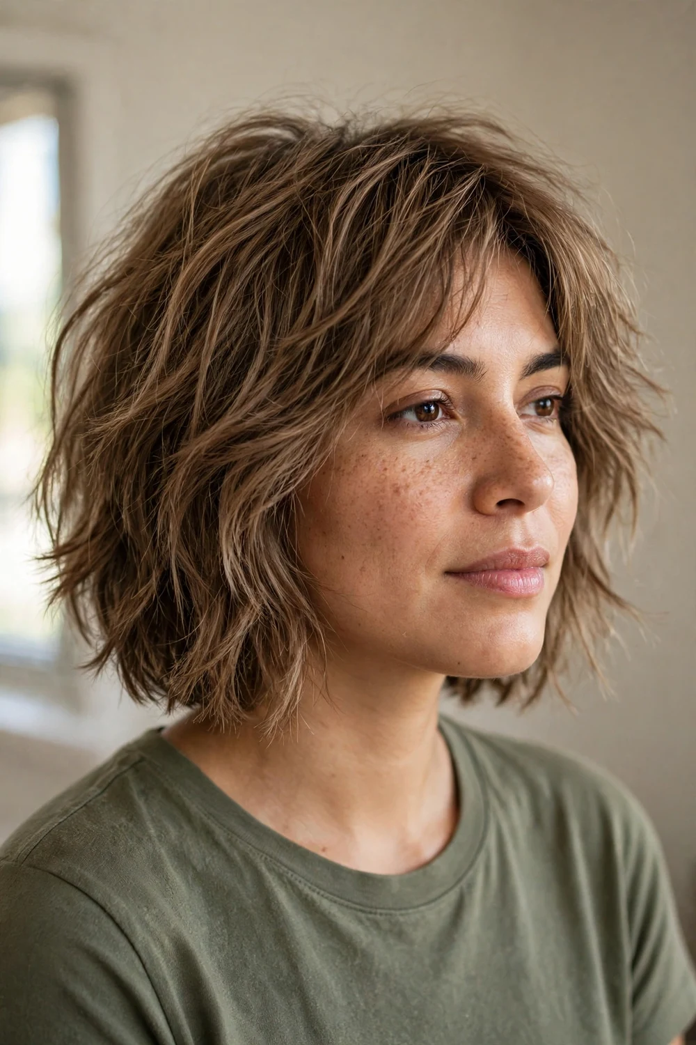 Shaggy shag bob hairstyle with feathery disconnected layers at chin length