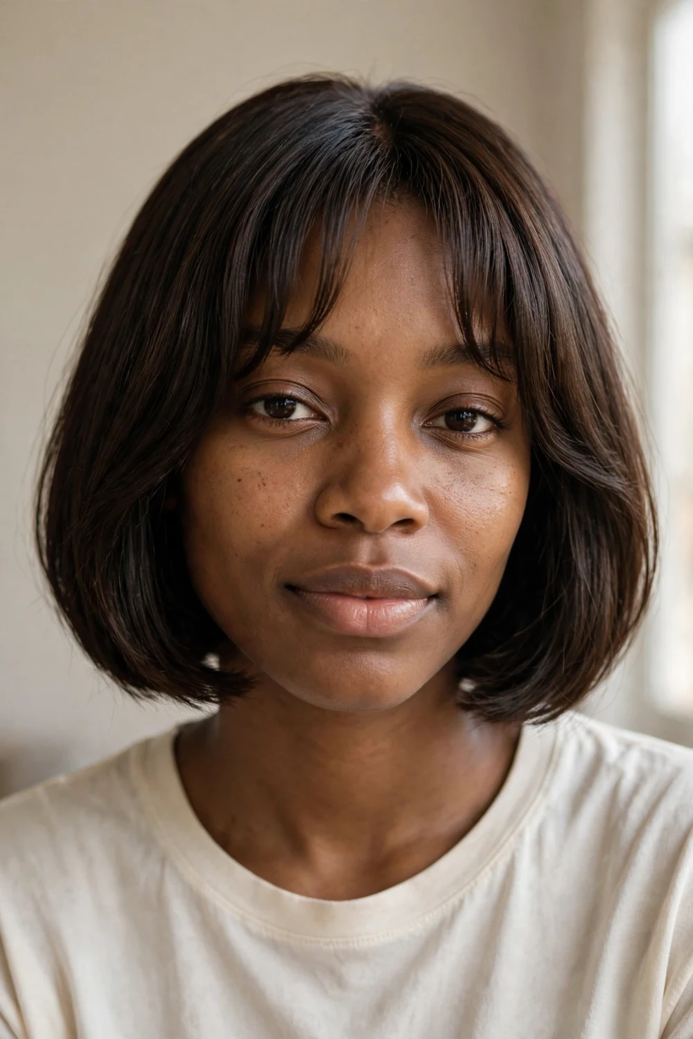 Parisian chin-length bob with short curtain bangs on fine hair