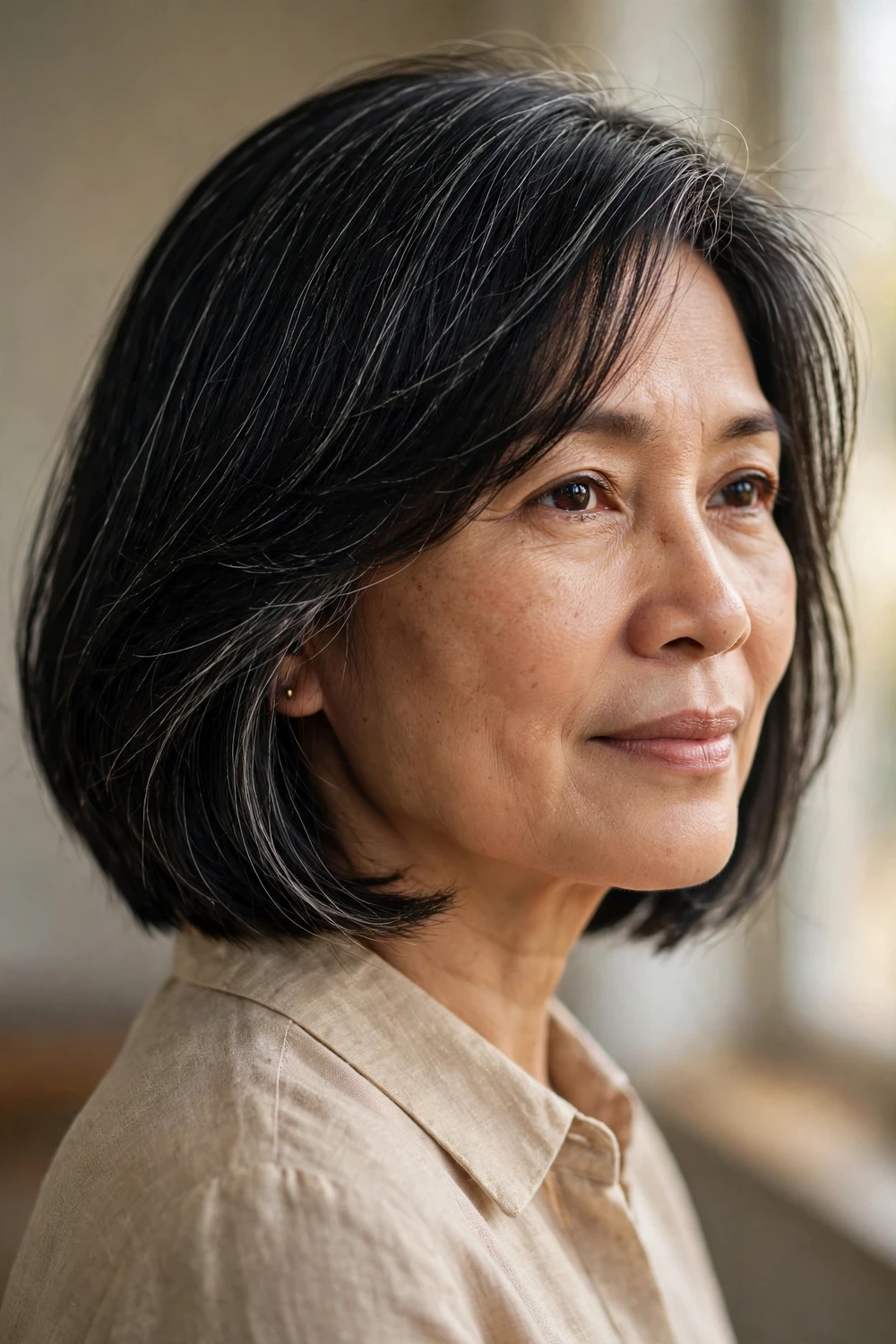 Chin-length bob with side-swept bangs on a woman with a square face