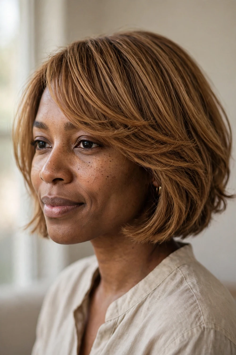 Black woman with chin-length bob and long side-swept bangs