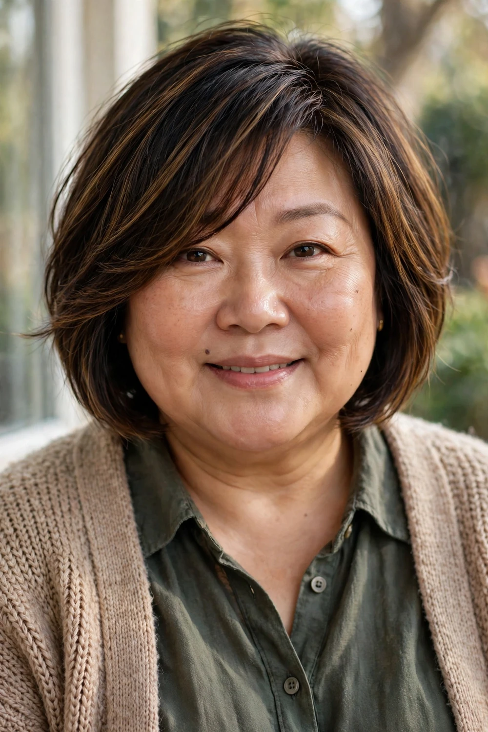 Plus-size East Asian woman in her early 50s with a chin-length bob and side-swept bangs
