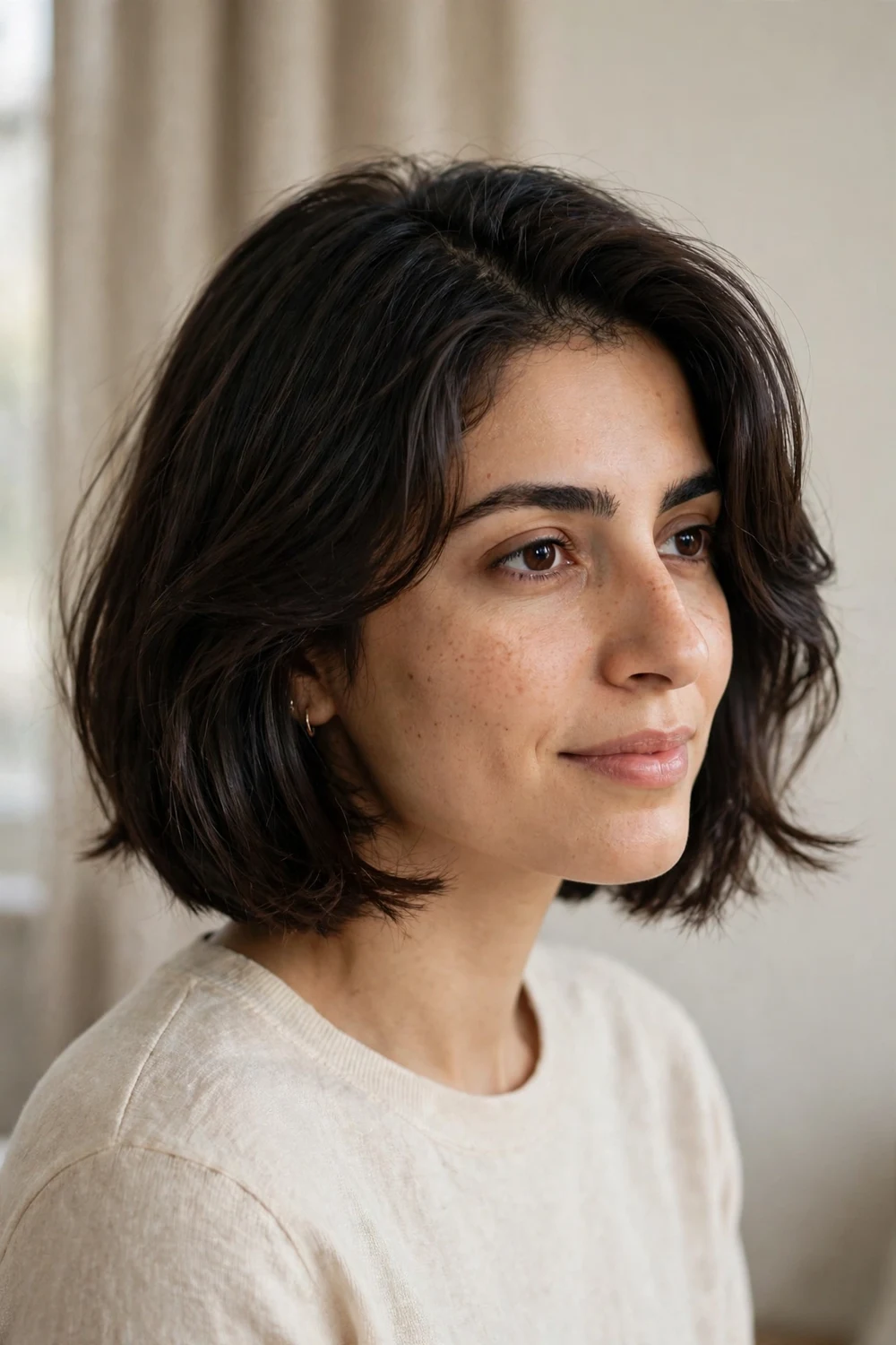 Side-parted bob hairstyle with deep side part and tousled volume at chin length
