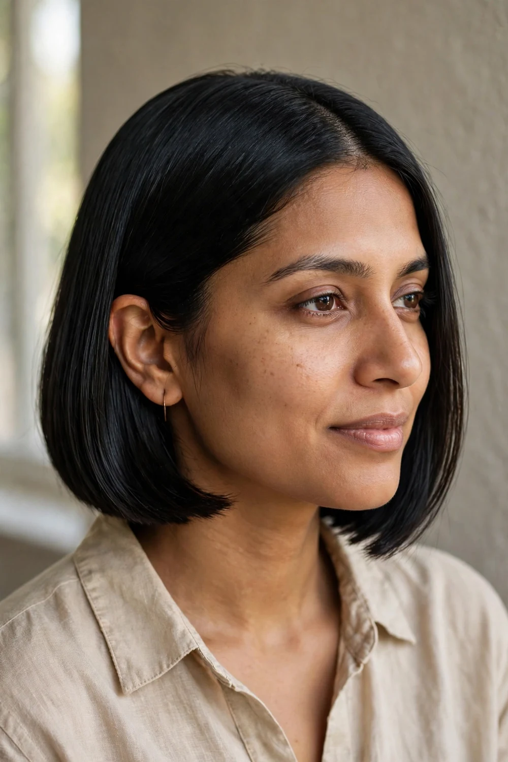 Sleek straight bob hairstyle with glass-like polished finish at chin length