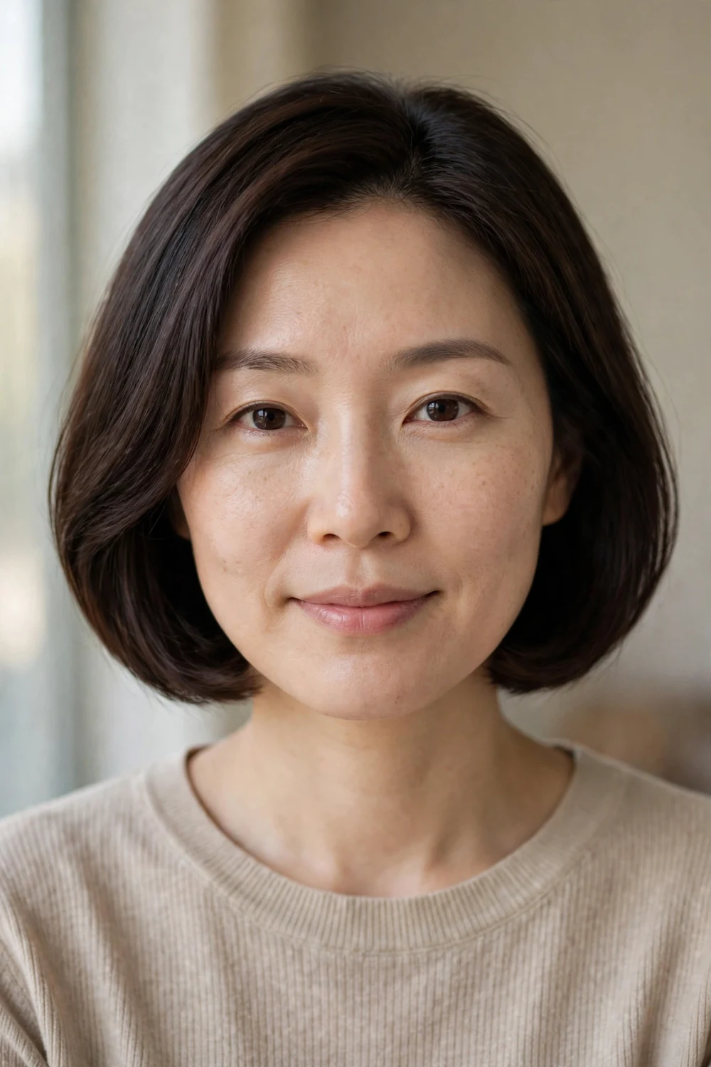 Soft rounded bob hairstyle with smooth gentle edges at chin length
