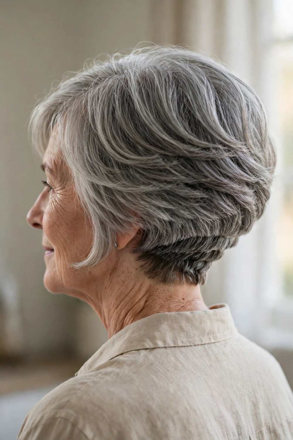 Stacked bob haircut with graduated rounded back at chin length