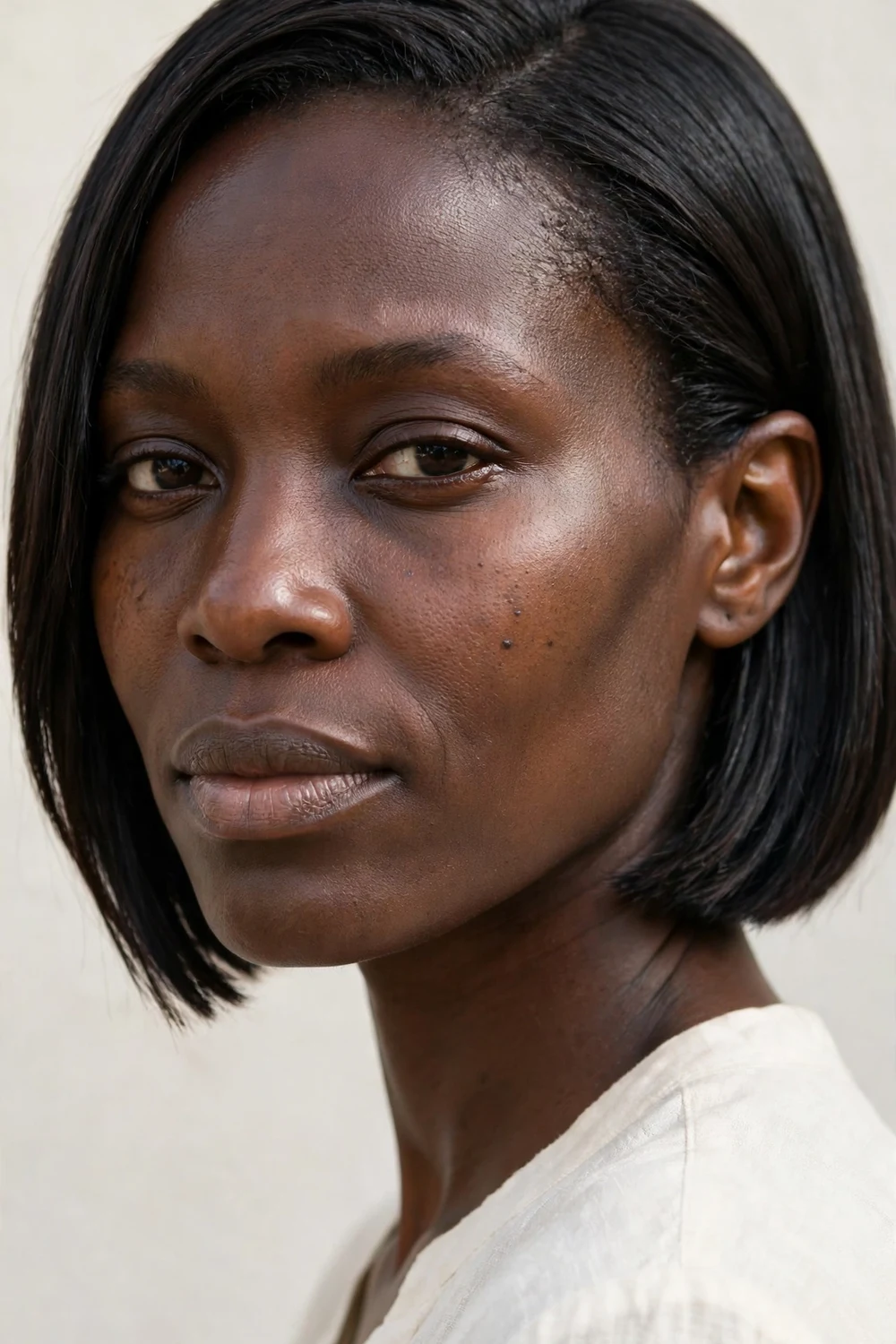 Woman with a chin-length bob on straight hair, graphic short bob tucked behind one ear