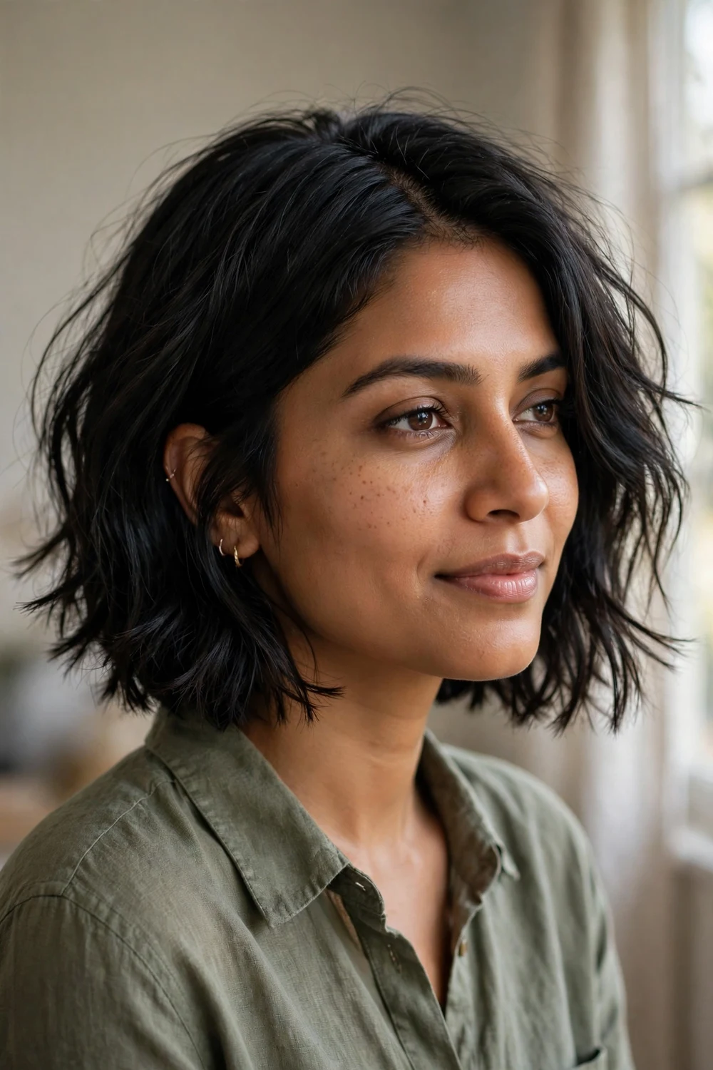 Textured bob hairstyle with airy feathered pieces at chin length