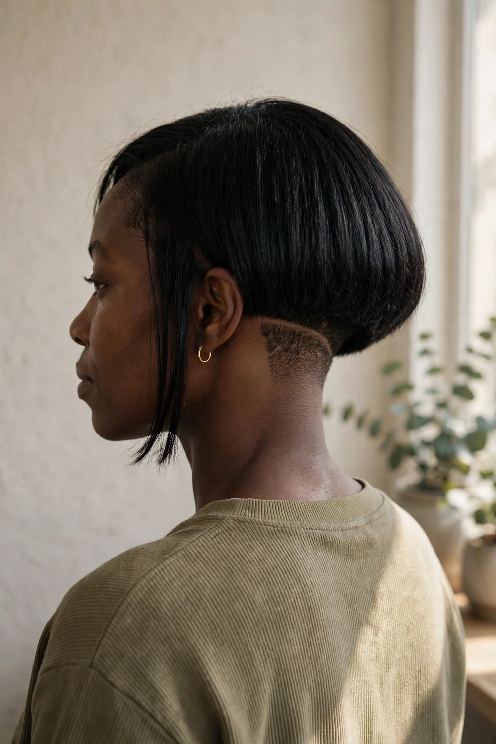 Black woman with chin-length bob and shaved undercut at the nape